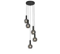 Qazqa - Art Deco Pendant Light Ceiling Black with Smoke Glass Round 5-Light - Josje- - Art Deco - Suitable for LED E27 | 5 Light - Glass Pendant Light - Suitable for Living Room I Kitchen I
