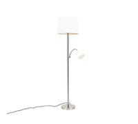 Qazqa - Classic Floor lamp Steel I Nickel Matt I Satin with White Shade and Reading lamp - Retro- - Classic I Antique - Suitable for LED E27 | 1 Light - Steel Floor lamp - Suitable for Living Room I