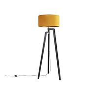 Qazqa - Floor lamp Tripod Black with Yellow Shade and Gold 50 cm - Puros- - Country I Rustic - Suitable for LED E27 | 1 Light - Wood Floor lamp - Suitable for Living Room I Bedroom I