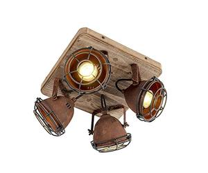 Qazqa Industrial Spotlight Ceiling - Rust Brown, Wood Tiltable 4-Way Light - Suitable for LED GU10, Steel Surface-Mounted Spotway Light - Living Room