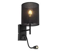 Qazqa - Modern Black Wall Lamp I Wall Light with Cotton Black Shade - Stacca- - Modern - LED | 1 Light - Steel Wall Light - Suitable for Living Room I Kitchen I Bedroom I