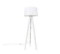 Qazqa - Modern Floor lamp Tripod White with Linen Shade White 45 cm - Tripod Classic- - Classic I Antique - Suitable for LED E27 | 1 Light - Wood Floor lamp - Suitable for Living Room I Bedroom I