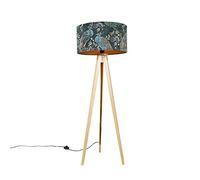 Qazqa - Modern Floor lamp Wood Fabric Shade Peacock 50 cm - Tripod Classic- - Modern - Suitable for LED E27 | 1 Light - Fabric Floor lamp - Suitable for Living Room I Bedroom I