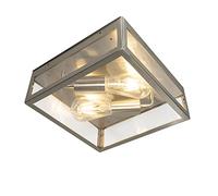 Qazqa Modern Outdoor Ceiling Light, Ceiling lamp for Garden - Rotterdam - Nickel matt Satin, max. 60W, e27, 28cm, IP23, Square, 2-Way