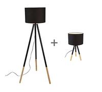 Qazqa - Set of Floor Lamp and Table Lamp I Table Light Tripods with Black Shade - Pip- - Modern - Suitable for LED E27 | 1 Light - Wood Table lamp - Suitable for Living Room I Bedroom I