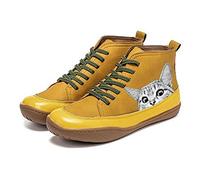 QAZW Ankle Boots for Women, Cat Pattern Spring Leather Flat Heel Booties, Comfortable Retro Mid-calf Shoes, Yellow-7