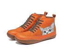 QAZW Ankle Boots for Women, Cat Pattern Spring Leather Flat Heel Booties, Comfortable Retro Mid-calf Shoes, Orange-7