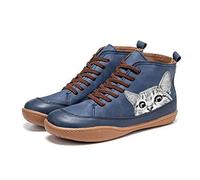 QAZW Ankle Boots for Women, Cat Pattern Spring Leather Flat Heel Booties, Comfortable Retro Mid-calf Shoes, Blue-7.5