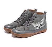 QAZW Ankle Boots for Women, Cat Pattern Spring Leather Flat Heel Booties, Comfortable Retro Mid-calf Shoes, Grey-5