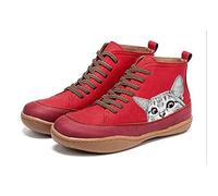 QAZW Ankle Boots for Women, Cat Pattern Spring Leather Flat Heel Booties, Comfortable Retro Mid-calf Shoes, Red-5