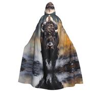 QAZWZML Cosplay North American bison Printed Hooded Cape - Zipperless Bow Tie Oversized Masquerade Hooded Cape