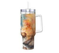 QAZWZML Deer by the river Printed Double Walled Instant Mug 40oz with Handle Lid and Straw suitable for water milkshakes smoothies