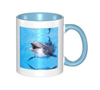 QAZWZML Dolphin Patterned Ceramic Sky Blue Mug with Curved Handle, Suitable for Home, Office, and Restaurant use.