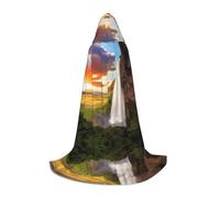 QAZWZML Iceland Waterfall River Field Sunset patterned teen S hooded cape for holiday parties, witch costumes and costume parties