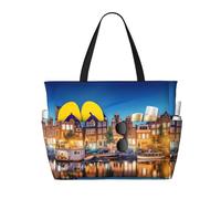 QAZWZML Large-capacity foldable pool bag Amsterdam Night View printed beach tote bag suitable for shopping moving and vacations