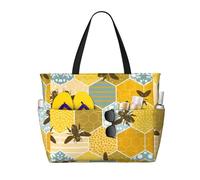 QAZWZML Large-capacity foldable pool bag Bee Geometric Honeycomb printed beach tote bag suitable for shopping moving and vacations