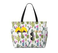 QAZWZML Large-capacity foldable pool bag Blooming Cactus printed beach tote bag suitable for shopping moving and vacations