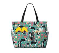 QAZWZML Large-capacity foldable pool bag Border Collie Florals printed beach tote bag suitable for shopping moving and vacations