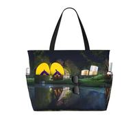 QAZWZML Large-capacity foldable pool bag Chalet by the lake printed beach tote bag suitable for shopping moving and vacations
