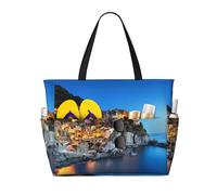 QAZWZML Large-capacity foldable pool bag Italy Sea at Sunset printed beach tote bag suitable for shopping moving and vacations