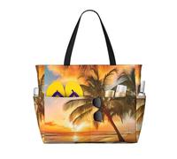 QAZWZML Large-capacity foldable pool bag Tropical Beach Palm Tree Sunset printed beach tote bag suitable for shopping moving and vacations
