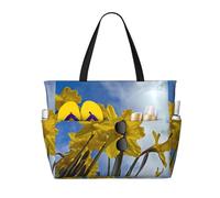 QAZWZML Large-capacity foldable pool bag Yellow Daffodil printed beach tote bag suitable for shopping moving and vacations