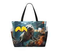 QAZWZML Large-capacity Seal pup in water printed beach travel bag foldable pool bag zippered design suitable for swimming pools and beaches
