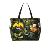 QAZWZML Large-capacity Tropical Rainforest Palm Leaves printed beach travel bag foldable pool bag zippered design suitable for swimming pools and beaches