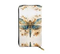 QAZWZML Long Golden Delicate Dragonfly on Yellow Background Printed Leather Clutch with A Cash Compartment Coin Zippered Pocket and Credit Card Slot