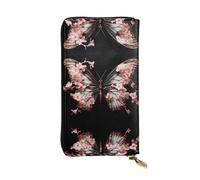 QAZWZML Long Petal Bloom Butterfly Printed Leather Clutch with A Cash Compartment Coin Zippered Pocket and Credit Card Slot