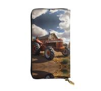 QAZWZML Long Red Tractor Printed Leather Clutch with A Cash Compartment Coin Zippered Pocket and Credit Card Slot