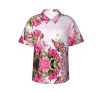 QAZWZML Men's Short Sleeve Hawaiian Shirt in Pink Butterfly Floral Print, Boxy Fit, Classic Button Down Collar, Adult Polyester Shirt