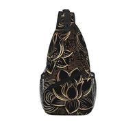 QAZWZML Unisex Crossbody Sling Bag, Black and Gold Lotus Flower Print, One Size, Polyester, Contemporary, Zipper Closure, Anti-Theft