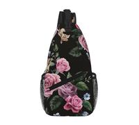 QAZWZML Unisex Crossbody Sling Bag, Black with Rose Floral Print, One Size, Polyester, Contemporary, Zipper Closure, Anti-Theft