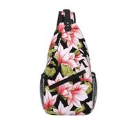 QAZWZML Unisex Crossbody Sling Bag, Pink Floral Pattern on Black, One Size, Polyester, Contemporary, Zipper Closure, Anti-Theft