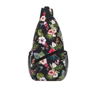 QAZWZML Unisex Sling Bag, Black Floral Print, One Size, Polyester, Contemporary, Zipper Closure, Anti-Theft, Crossbody Style