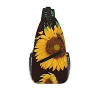 QAZWZML Unisex Sling Bag, Sunflower Print on Black, One Size, Polyester, Contemporary, Zipper Closure, Anti-Theft, 15L Capacity