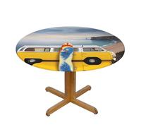 QAZWZML Vintage Van in The Beach with a Surfboard Patterned round tablecloth, S stretch tablecloth, suitable for kitchen, banquet, restaurant