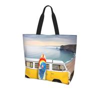 QAZWZML Vintage Van in The Beach with a Surfboard Patterned shoulder bag, shopping organizer, suitable for travel, gym, and commuting.