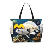 QAZWZML White-golden fish Patterned, large capacity beach bag, foldable tote bag, suitable for travel and shopping.