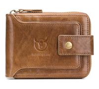 QB-231 Genuine Leather Wallet for Men - Large Capacity ID Window, 12 Card Slots, Zipper Coin Pocket, RFID Secure, Brown