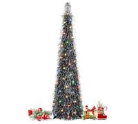 QBA 5FT Pop Up Christmas Tree with Lights, Artificial Tinsel Xmas Tree Pencil Christmas Tree for Indoor Home Apartment Porch Holiday Party Decorations(Black Silver)