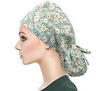 QBA Adjustable Working Cap with Button, Satin-Lined Hat, Cotton Working Hat Sweatband, Elastic Tie Back Hats Unisex, Pt Green Daisy, One Size