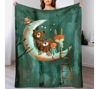 QBIREX 3D Print Moonlight Rest - Cozy Woodland Animals on Crescent Moon Plush Flannel Blanket Adult Winter Warm Sofa School Home Travel Warm Cosy Blanket 60x80inch(150x200cm)