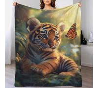 QBIREX 3D Print Tiger Cub with Butterfly Plush Flannel Blanket Adult Winter Warm Sofa School Home Travel Warm Cosy Blanket 60x80inch(150x200cm)