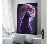 QBIREX Abstract Canvas Wall Art for Living, Purple Cat And The Moon Prints Artwork 08x12inch(20x30cm) Painting Modern Bedroom Office Decoration