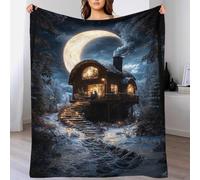 QBIREX Cozy Cabin Under Crescent Moon Fleece Christmas Blanket Soft Personalised Fleece Blanket Travel for Lover Hubby Wifey Women Men 60x80inch(150x200cm)