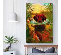 QBIREX Dog Swimming in Pond Painting Poster, Picture, Metal Print, Paint by Taktanah Wall Prints for Living Room Bedroom Picture Canvas 08x12inch(20x30cm)