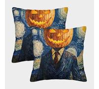 QBIREX 'Pumpkin Head in Starry Night' Poster, Picture, Metal Print, Paint by Masaki Pillowcase Case Sofa Car Square Pillowcase for Indoor Home Decorations 40x40cm