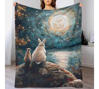 QBIREX Rabbit And Cat Under Full Moon Fleece Christmas Blanket Soft Personalised Fleece Blanket Travel for Lover Hubby Wifey Women Men 60x80inch(150x200cm)